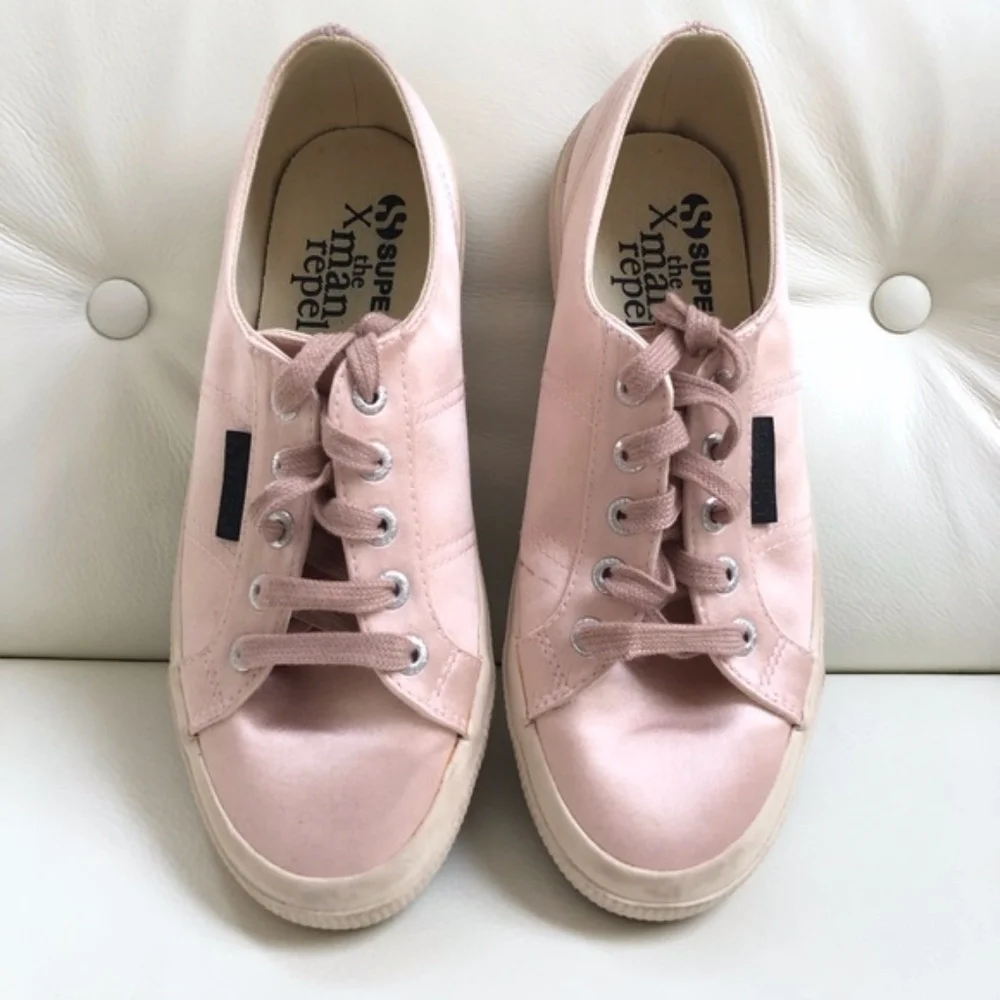Superga x Man Repeller Pink Satin Lace Up Balletcore Sneakers 37.5 Coquette